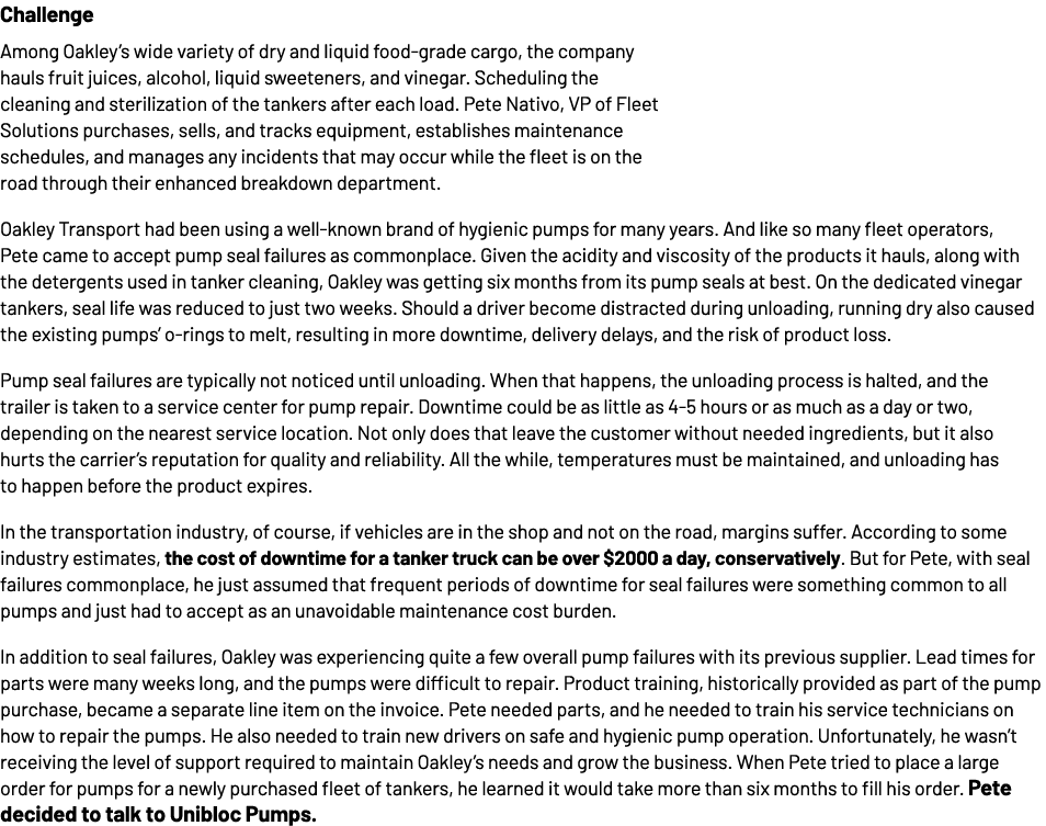 Wyzwanie Oprócz szerokiej gamy suchych i płynnych towarów spożywczych firma Oakley zajmuje się również transportem soków owocowych, alkoholu, napojów...